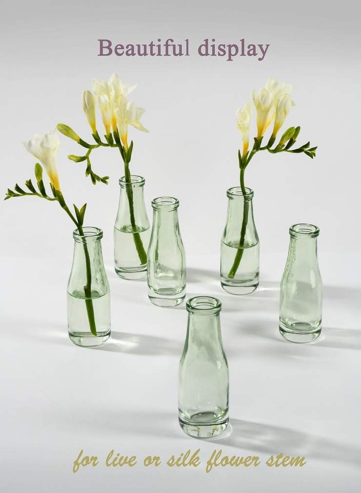 Serene Spaces Living Mini Green Glass Bud Vase, Centerpiece for Wedding Reception, Mini Flower Vases for Home Decor, Vintage Bottle Style Vase, 3.75" Tall & 1.25" Diameter - Pack of 6