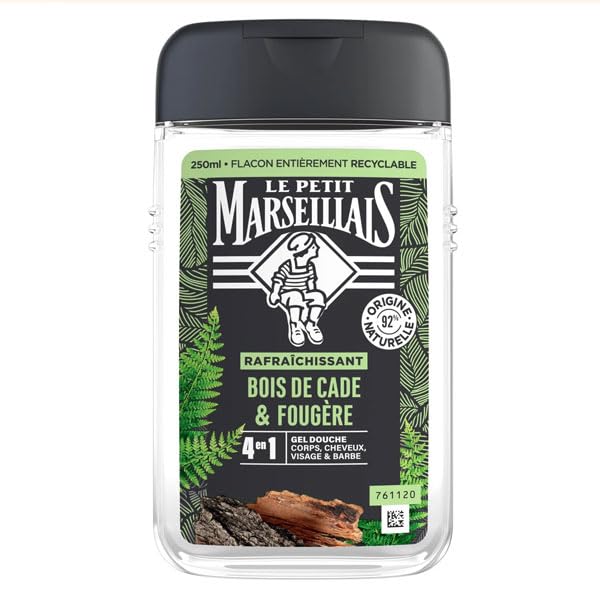 Le Petit Marseillais - Gel de ducha para hombre, Cade & Helecho (botella de 250 ml), fórmula 4 en 1 para cuerpo, cabello, cara y barba, 92% ingredientes de origen natural y pH neutro