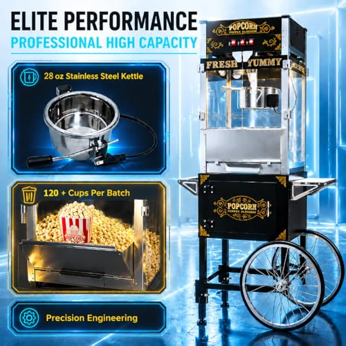 Image of Commercial Popcorn Machine With Cart - 28oz Kettle Popcorn Makers With Heating, Stainless Steel Kettle & Cart Wheels, For School, Church, Carnival, Birthday Parties, Events, Movie Theater, Black