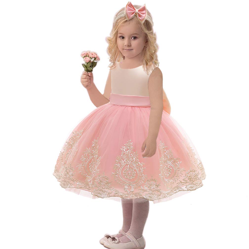 CMMCHAAH Vestido de encaje bordado de 0 a 6 años para niñas y bebés, con lazo, vestido con gorro. - rosa - 6-12 meses