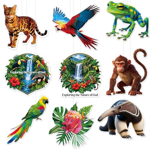 9Pcs Vacation Bible School Rainforest Falls Party Decorations Rainforest Falls Hanging Swirls Vacation Bible Christian Hanging Banner Jungle Animal Ceiling Swirl Decor for Classroom Decor
