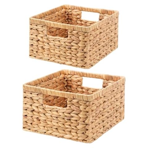 OEHID Wicker Baskets for Storage, Water Hyacinth Wicker Storage Basket, Large Wicker Basket Wicker Baskets for Shelves Pantry Baskets, Rectangular Storage Baskets with Handles, 2 Pack Large and Small Cover