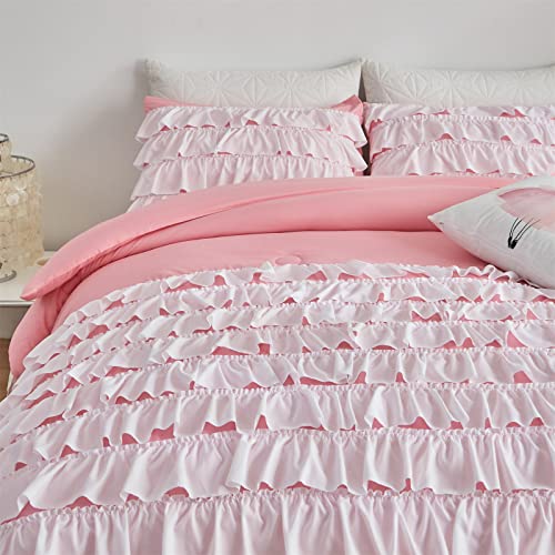 Lotus Karen Pink Ruffles Comforter Sets Twin Size 4 Pieces Girls Shabby Chic Bedding Set Waterfall Multi Layer Ruffle Princess Bedding With Matching Shams, Decorative Pillow #TOP2