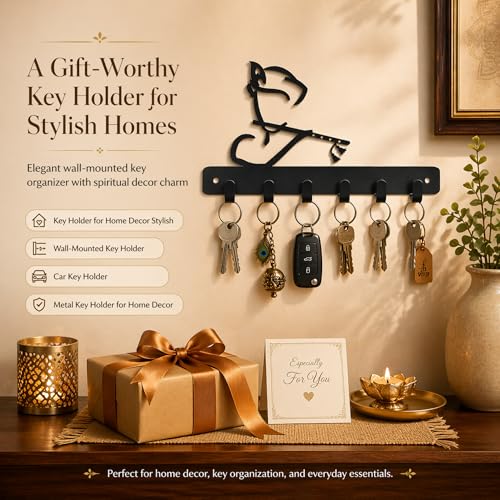 Image of Key Holder for Home, Metal Wall Mounted, 6 Hooks (Krishna Flute) | Cat Design, Includes Mounting Screws, For Home Use, 6 Hook Hanger, Metal Construction