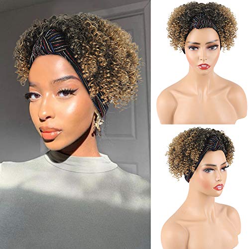 Aisaide Scarf Wigs for Black Women Short Ombre Brown Kinky Headband Wig Short Kinky Curly Wrap Wigs Headband Wigs with Headband Attached Wig Cap Synthetic Curly Hair Wigs