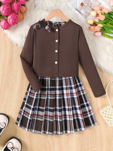 Image of PureChapter Girls' Preppy Clothes Plaid Vest Dress Cardigan Jacket Belt Cute Kids Clothes 7-14Y Green