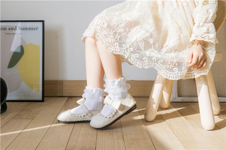 3 Pairs Girls Lace Ruffle Cotton Frilly Ankle Socks White Princess Dance Dress Socks3