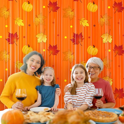 Image of Tiamon Fall Thanksgiving Party Decorations 2 Pack Orange Maple Leaves Pumpkins Pattern Photo Booth Props 3.3 x 6.6 ft Foil Fringe Curtains for Autumn Thanksgiving Birthday Baby Shower Backdrop Decor