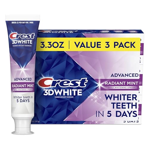 Crest 3D White Advanced Teeth Whitening Toothpaste, Crest 3D White Brilliance Toothpaste, Radiant Mint, 3.3 oz, Pack of 3