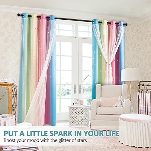 Image of Stiio 2 Panels Star Cutout Blackout Curtains, W52 x L95 inches Pink Yellow | Light Blocking; Window Treatment with Sheer Grommet Window Drapes; 2 in 1 Curtain for Girls Kids Bedroom Living Room