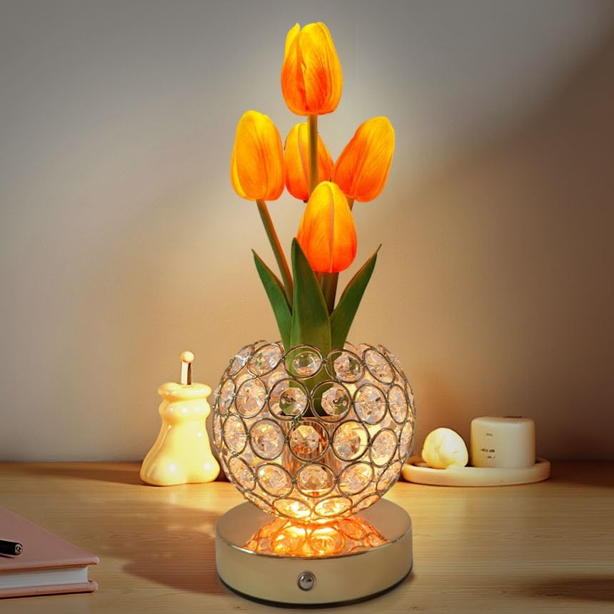 Cordless Tulip Flower Lamps 3 Colors Touch Stepless Dimming Crystal Night Light Rechargeable Artificial LED Flower with Vase