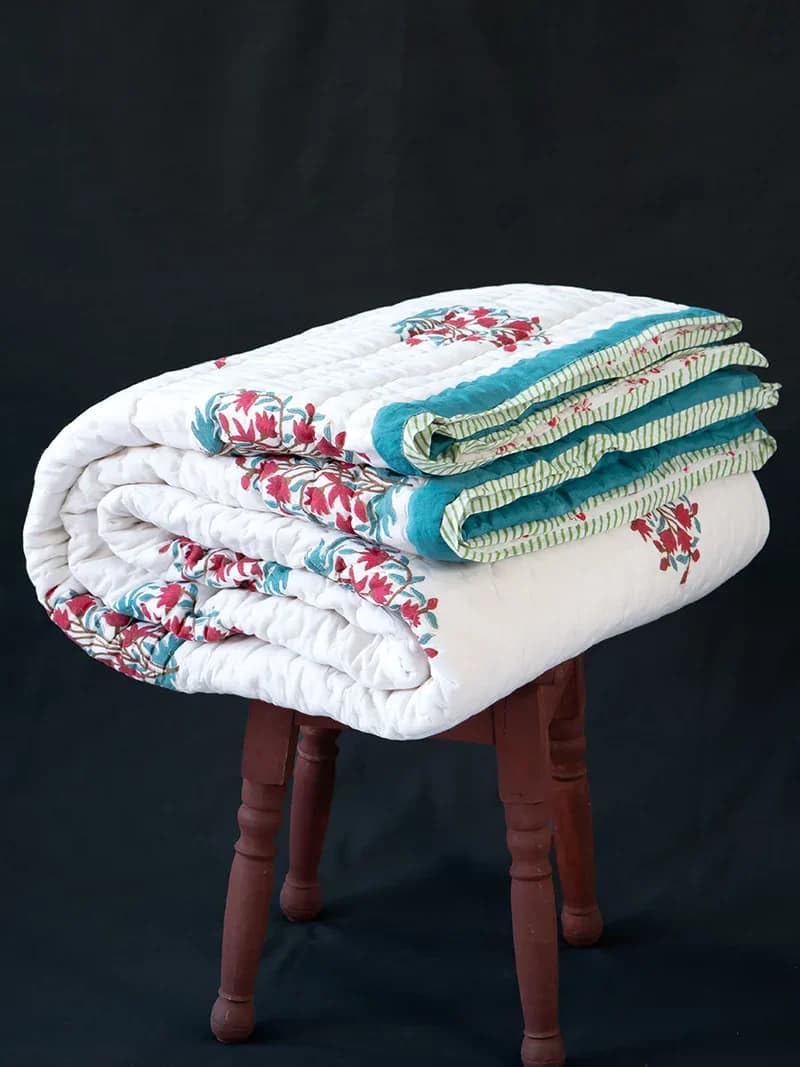 Organic Mulmul Cotton Quilt- Calla,Hand Block Printed, 100% Surgical Cotton (Double)-image-2