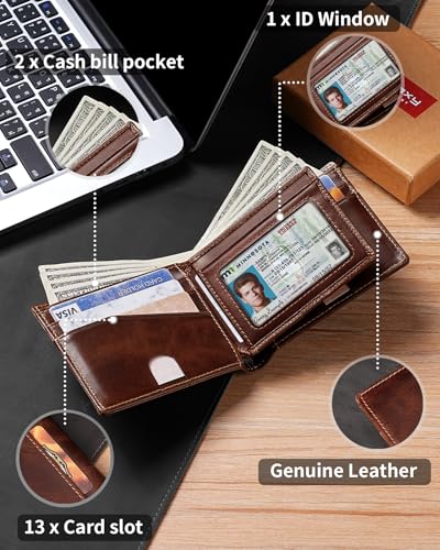 Image of Artpaxy Mens Wallet Bifold Genuine Leather RFID Blocking Wallet for Men with 1 ID Windows 13 Card Holders 2 cash pockets 1 Gift Box