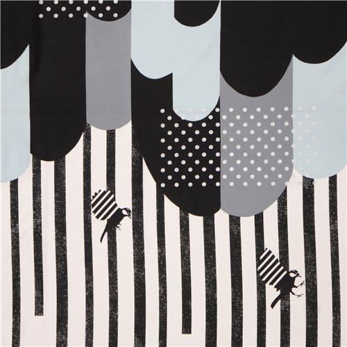black & white bird cloud stripes border glitter laminate fabric Kokka (per 0.5 yard multiples)