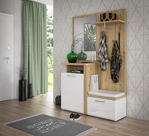 FORTE TULUZA Garderobenset 130, weißes Garderobenset mit 2 Türen, Garderobe, Flurschrank, Modern, Holzwerkstoff, Weiß/Artisan Eiche/Weiß Hochglanz, 128,8 cm breit x 201 cm hoch x 43,4 cm tief FORTE TULUZA Garderobenset 130, weißes Garderobenset mit 2 Türen, Garderobe, Flurschrank, Modern, Holzwerkstoff, Weiß/Artisan Eiche/Weiß Hochglanz, 128,8 cm breit x 201 cm hoch x 43,4 cm tief