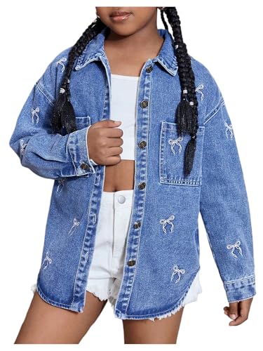 WDIRARA Girl's Bow Embroidered Denim Jackets Button Down Cute Jean Outerwear
