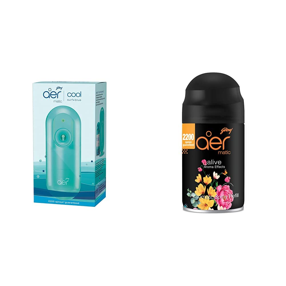 Godrej aer matic, Automatic Air Freshener Kit with flexi control - Cool Surf Blue (225 ml) & Smart Matic – Automatic Air Freshener Refill, Premium Fragrance - Alive (2200 sprays) (B0937M2DKR) Amazon Price History, Amazon Price Tracker