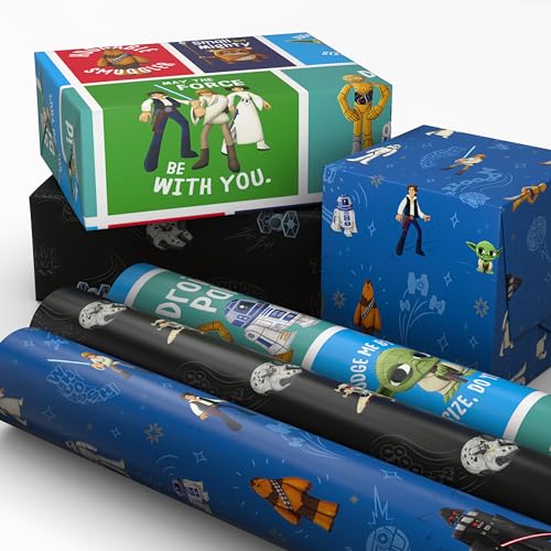 Hallmark Star Wars Wrapping Paper Mini Rolls 3-Pack (Darth Vader Luke Han Solo Millennium Falcon Ewoks Yoda) for Birthday May the 4th Graduation Fathers Day Any Occasion - 45 Sq. Ft. Total