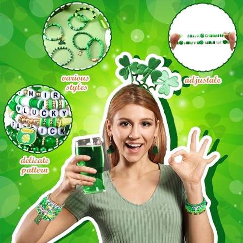 Landical 64 Pieces St. Patrick's Day Bracelets Bulk Beaded Favor Irish Lucky Leaf Shamrock Bracelet Pack Green Stackable Friendship Jewelry for Gifts Goody Bag Fillers Party Supplies - Image 5