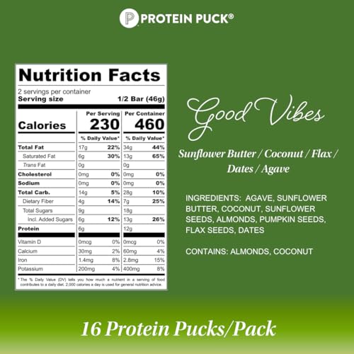 Image of Protein Puck Plant Based Protein Bars 16 Count 3.25oz Full Size Good Vibes | Snacks with Vegan Protein, Gluten Free, Non Dairy, Kosher Certified Non GMO Premium Healthy Bars