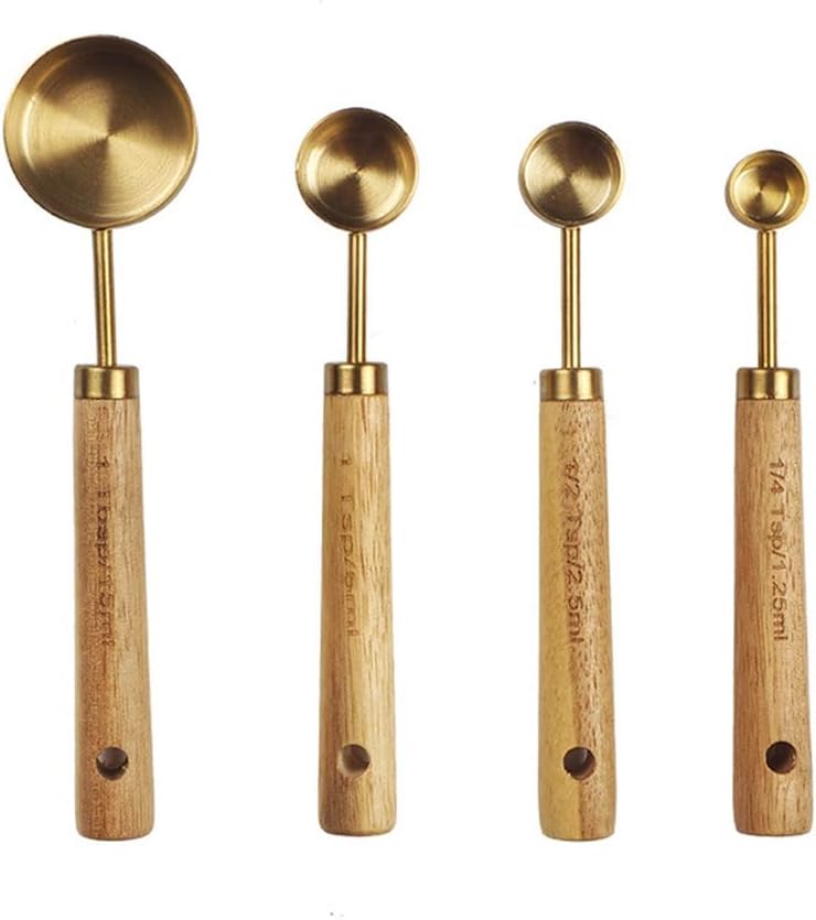 Measuring Spoon Set Wooden Handle Stainless Steel Spoons Baking Tools Scale Kitchen Accessories