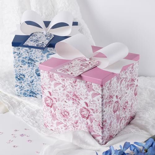 BIOBROWN Medium Gift Boxes with Lids for Presents, 9x9x9 Inches Chinoiserie Pink White Peony Floral Design Collapsible Gift Box for Bridal Shower, Wedding, Mother's Day, Birthday - Image 7