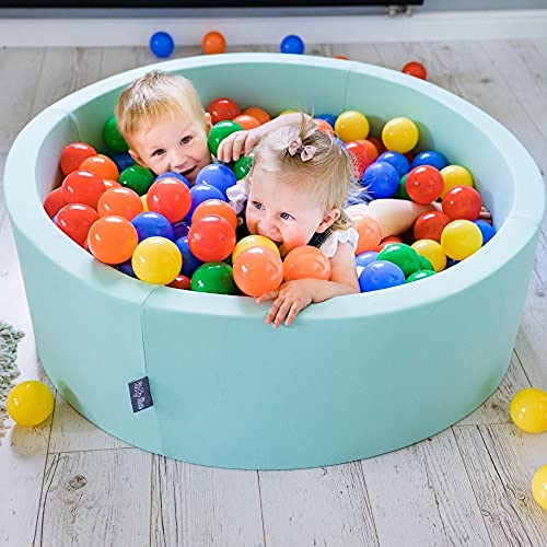 KiddyMoon TR30D-312 Bällebad 90X30cm/300 Bälle Bällepool Mit Bällen ∅ 7Cm Für Babys Kinder Viertel Eckig, Mint:Grau/Weiß/Türkis
