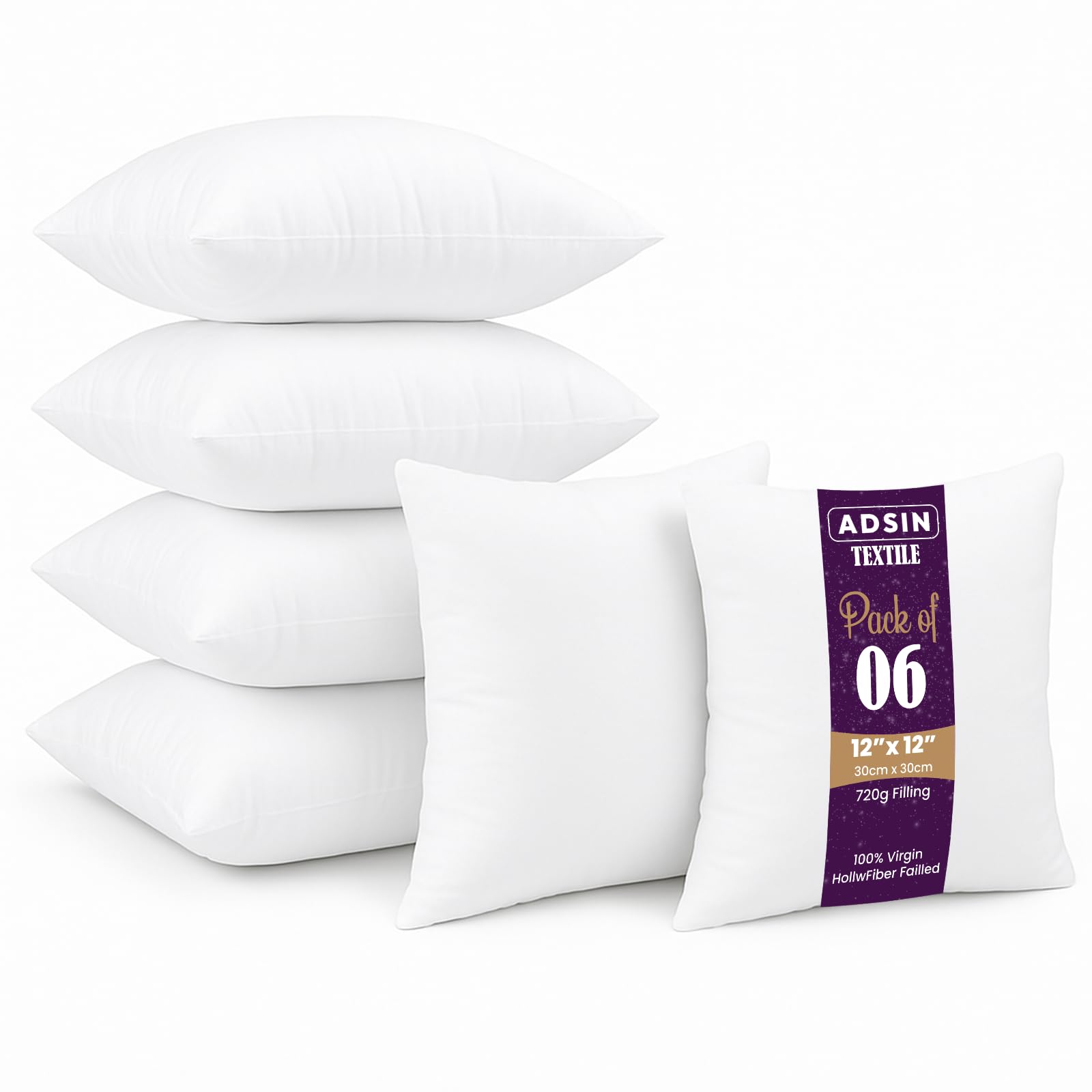 Adsin 12 X 12 Set Of 6-30Cm X 30Cm Hollowfibre New White Hollowfiber Cushion Pad Inner Stuffer Pillow Polyester Insert Square Hypoallergenic (Pack Of 6 | 12" X 12")