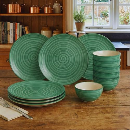 Image of Freakway Hand-Painted 'Sea Swirls' Ceramic Dinner Set of 12 Pieces | 6 Ceramic Dinner Plate and 6 Bowl /katori | Bone Ash Free | Microwave and Dishwasher Safe - Green