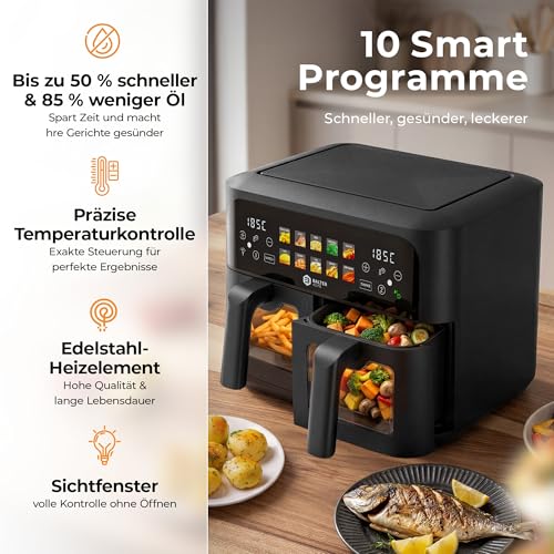 Balter Heißluftfritteuse 2 Kammern mit Sichtfenster 9L (2x4,5L) - 2400W Airfryer XXL Doppelkammer, 10 Programme, Dual Zone & Sync Finish, ohne Öl, Touchscreen, inkl Rezeptheft, HL-901 2