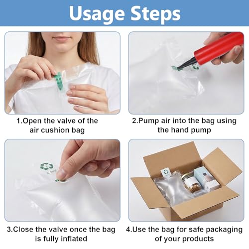 100 Stück Verpackungsmaterial Set mit Handpumpe, 20 × 10 cm Verpackungschips für Versandkartons, Luftpolster Füllkissen zum Schutz von Glas, Keramik und Elektronik bei Umzug, Lagerung oder Transport