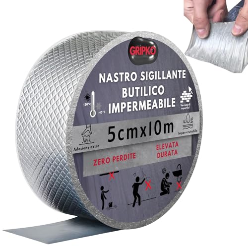 Gripko Nastro Sigillante Impermeabile Butilico 10Mx5cm - Nastro Butilico in Alluminio per Riparazione di Perdite, Grietas, Tetti - Nastro per Tubi, Grondaie, Resistente e Durevole