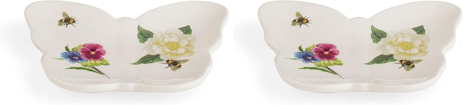 Portmeirion Botanic Garden Bouquet Spoon Rest - 4.25" Butterfly Shaped Plate with Chip-Resistant Glaze Dolomite for Kitchen Counters & Stovetops - Teabag Holder for Afternoon Tea (Pack of 2)