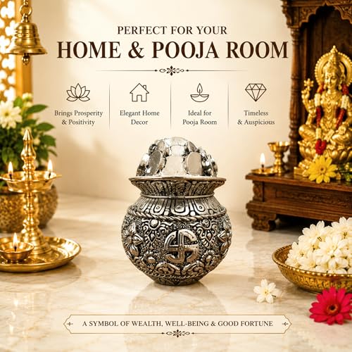 Image of Silver Plated Kalash Khazana - 4.5 Inch Auspicious Akshaya Patra for Wealth and Prosperity - Decorative Spiritual Pot Filled with Coins for Home Mandir and Office - Ideal Vastu Gift