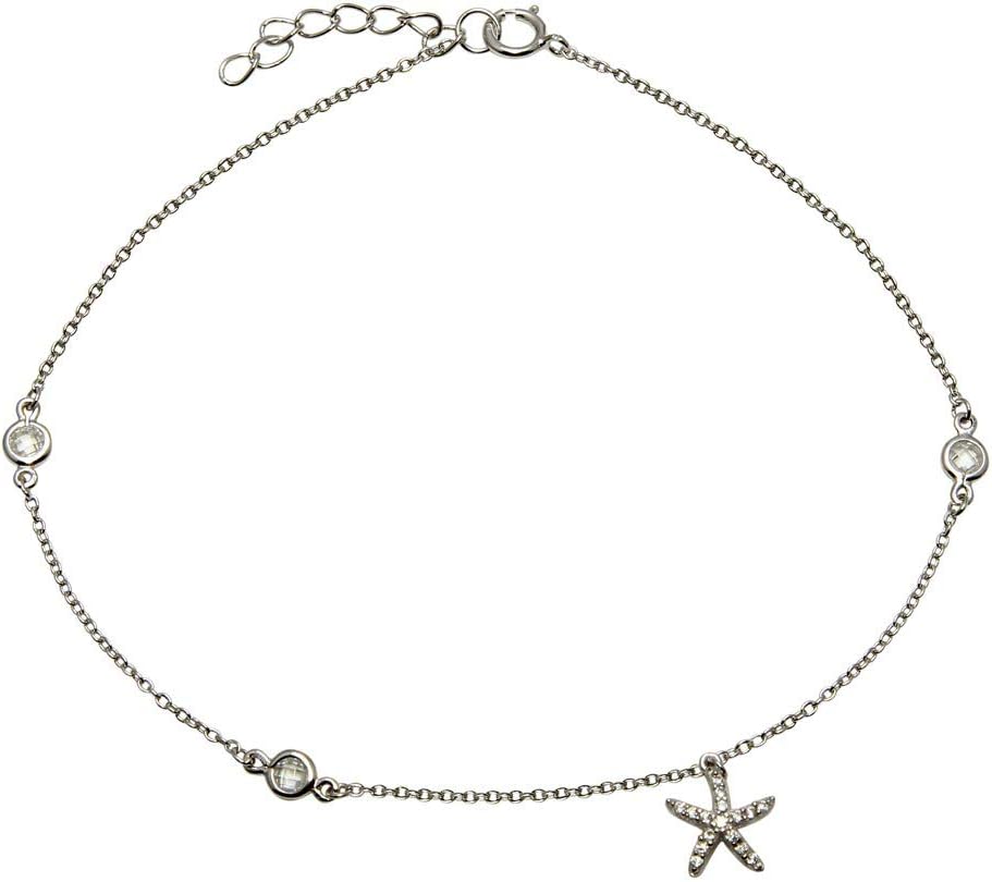 CloseoutWarehouse Clear Cubic Zirconia Starfish Anklet Rhodium Plated Sterling Silver