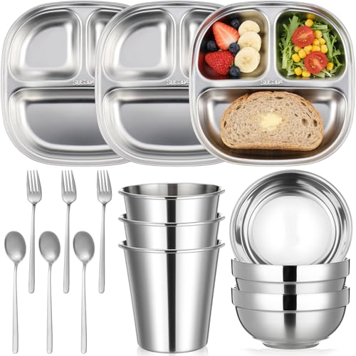 Tioncy 15 Pcs Stainless Steel Kids Dinner Set, Bowls, Balanced Bites Divided Plates, Cups, Spoons and Forks, Stainless Steel Lunch Plates Dinnerware Set for Kids Toddlers