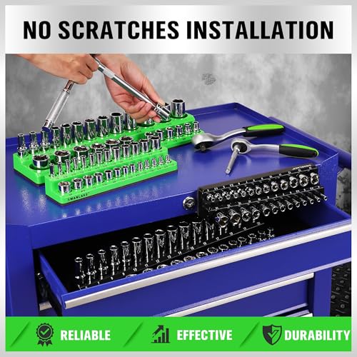 Image of SWANLAKE 4-Piece Magnetic Socket Organizer Set, Metric & SAE Socket Holder Set Includes 1 /4 inch, 3 /8 inch Drive Sockets Trays, Magnetic Sockets Organizer for Tool Box Drawer
