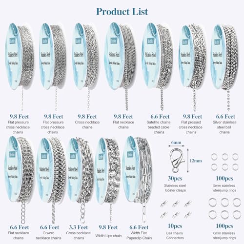 Ecoofor Necklace Chains for Jewelry Making, 95.1 Feet 12 Rolls Stainless Steel Jewelry Chains for DIY Necklace Bracelet Jewelry Making with Stainless Steel Jump Rings/Lobster Clasps/Connectors