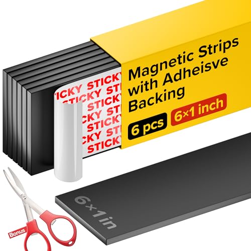 Magnetic Strips with Adhesive Backing - Magnetic Tape for Crafts - Tool and Knife Magnet Strips for Kitchen, Garage and Garden - Adhesive Magnetic Tool Holder Strip for Wall (6 Pieces, 6" x 1")