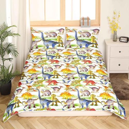 richhome Juego de ropa de cama con diseño de dinosaurio de dibujos animados para niños y niñas, funda de edredón de microfibra de calidad celestial con 2 fundas de almohada, tamaño doble