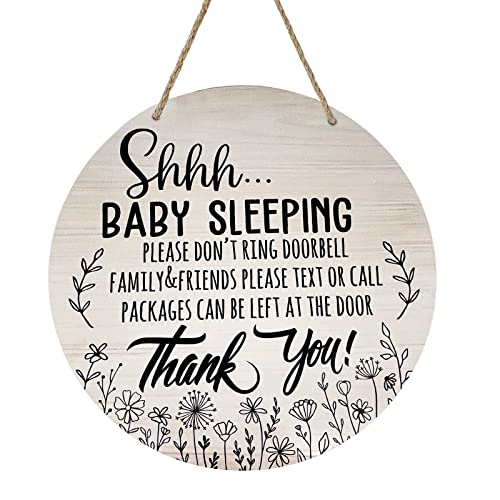 Image of Deroro Baby Sleeping Sign for Front Door, Please Do Not Ring Doorbell Wood Door Hanger for Outdoor Outside Porch Decor, Rustic Wooden Wreath Wall Hanging Decoration for Home