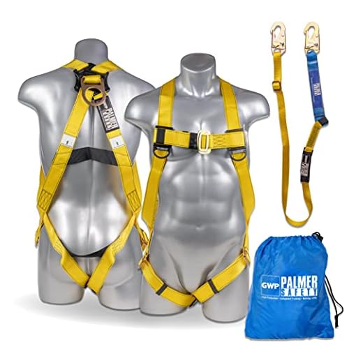 Palmer Safety Fall Protection Safety Harness w/Detachable 6' Single Leg Lanyard I EXTERNAL Shock Absorber Lanyard I OSHA/ANSI Fall Arrest Kit I Ideal for Industrial & Construction Use (Yellow - 1pk)