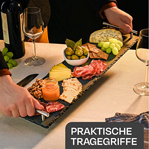Praknu Schiefer Servierplatte mit Griff - 50 x 15cm Groß - Ideal zum Servieren - Rutschfest - Echter Naturschiefer Lang XXL - Rutschfest