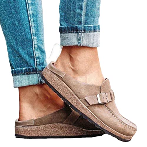 Jegwey Women's Half Slippers, Fashion Solid Color Flat Comfortable Slip On Mules, Arch Support Walking Mules Shoes (Khaki,9)