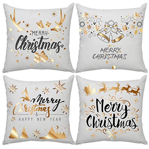 Wiwaplex Weihnachts-Kissenbezüge, 4 Stück, goldgeprägte Schneeflocken, Merry Christmas, dekorativer Überwurf-Kissenbezug, 45,7 x 45,7 cm (Stil 2) Cover