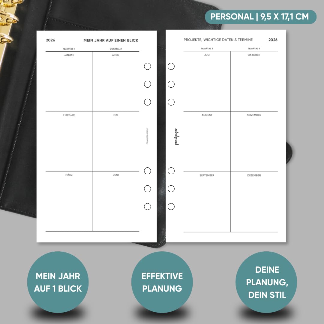 pen & pages® Kalender 2026 "1 Woche eine Seite + ToDo" 1 Woche auf 2 Seiten Personal 9,5 x 17,1 cm Einlage für Ringbuch mit Monatsübersicht Jahresübersicht DACH Feiertagen 6 fach Lochung (All-in-One)