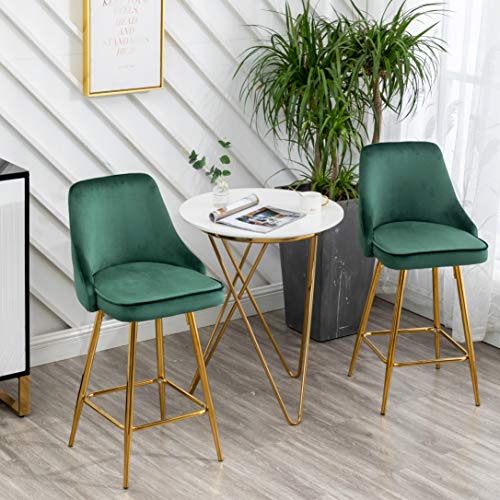 Set de 2 butacos tapizados para barra, respaldo alto, asiento de terciopelo verde y estructura dorada, altura 25 pulgadas, estilo moderno miniatura 2