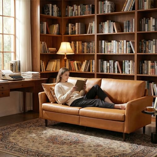 Image of Kingfun 80 inch Faux Leather Sofa Couch, Mid Century Modern Leather Couch with Rolled Arms and Deep Seats, Brown Leather Sofa for Living Room, 3-Seater Couch for Apartment, Office and Bedroom, Mid Brown