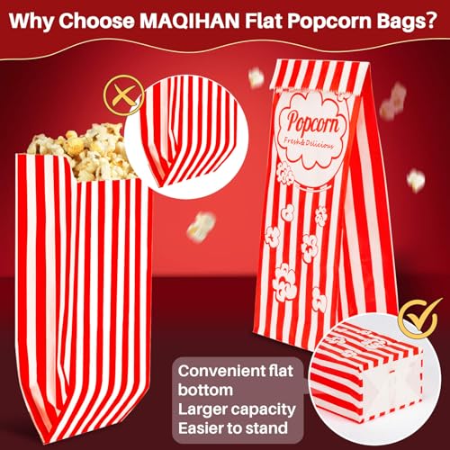 Image of MAQIHAN 500 Popcorn Bags Flat Bottom - Small Disposable Paper Bag for Popcorn, Popped Kernels Container, Movie Night Supplies for Halloween Christmas, Carnival Games Party, Popcorn Machine Accessories