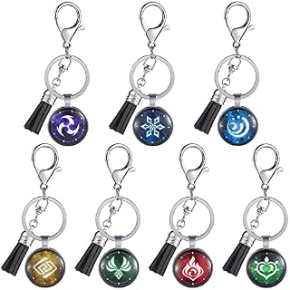 Genshin Impact Keychain 7pcs, Animne Luminous Keyring, Element Luminous Keychains Glow in Dark, God's Eye Time Gem Keychain of Fire, Ice, Wind, Grass, Rock, Thunder, Water